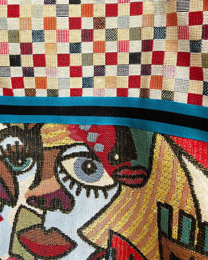 unieke, handgemaakte en stevige boodschappentas van PIEKS creations met grafisch print van gezichten - detail stoffen