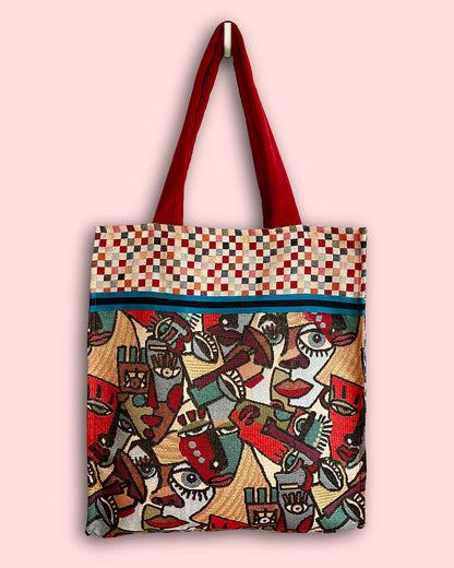unieke, handgemaakte en stevige boodschappentas van PIEKS creations met grafisch print van gezichten - voorkant